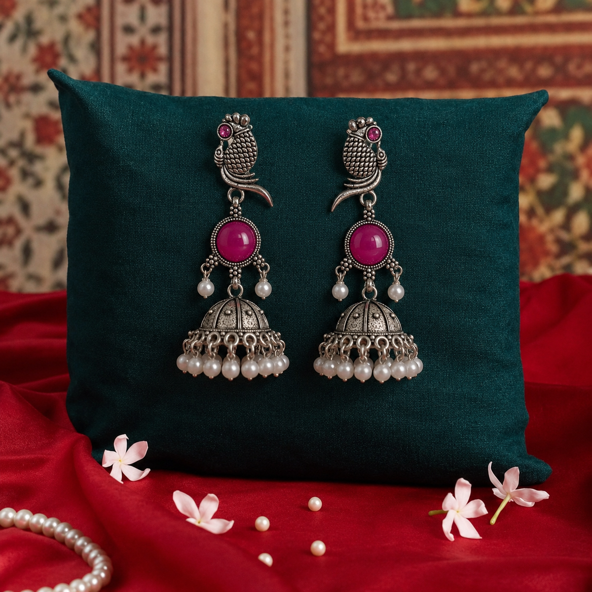 Gulabi Mor Pink Stone Oxidised Jhumka Earrings