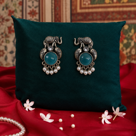 Neelam Teal Stone Elephant Earrings